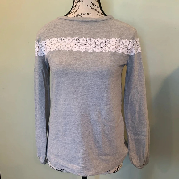 LOFT Women’s XS Extra Small Lace Trimmed Gray Lightweight Cotton Sweatshirt Top - Picture 1 of 7